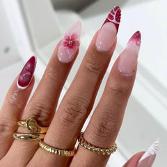 LPOODDNU red French tip almond nails with pearls deliver chic salon vibes at home