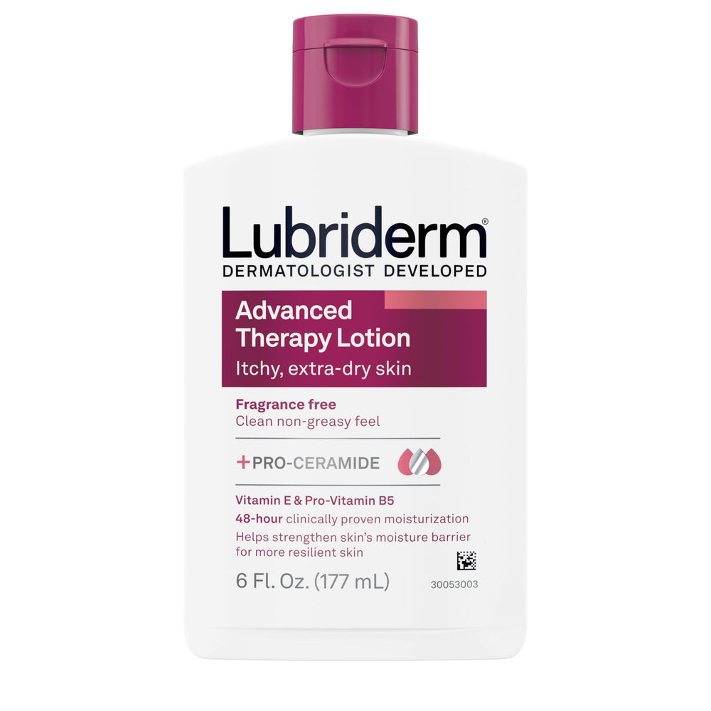 Lubriderm Advanced Therapy fragrance-free lotion bottle for daily non-greasy hydration
