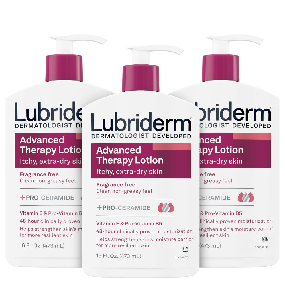 Lubriderm Advanced Therapy fragrance-free lotion pack shot showing triple bottles for extra-dry skin hydration.