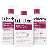 Lubriderm Advanced Therapy fragrance-free lotion pack shot showing triple bottles for extra-dry skin hydration.