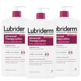Lubriderm Advanced Therapy fragrance-free pack of three bottles provides everyday hydration for extra-dry skin.