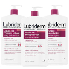 Lubriderm Advanced Therapy fragrance-free pack of three bottles provides everyday hydration for extra-dry skin.