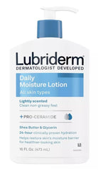 Lubriderm Daily Moisture bottle pouring lotion for long-lasting hydration.