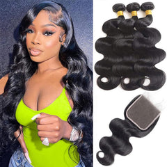LUCASHA 18 inch body wave bundles with closure showing natural Brazilian hair and full body