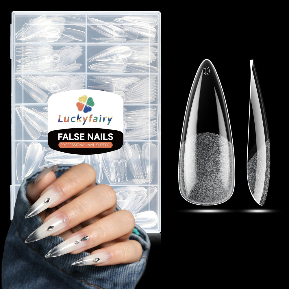 Luckyfairy long stiletto nail tips packaging for home salon use, 240-piece kit.