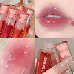 LuckNest Bear Lip Glaze on lips delivers soft, glossy finish