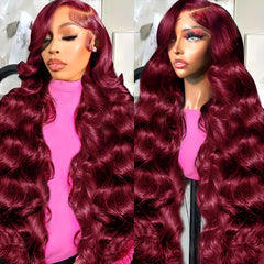 Lukymart 99J Burgundy lace front wig with body wave, 28 inch, for natural, full-bodied style.