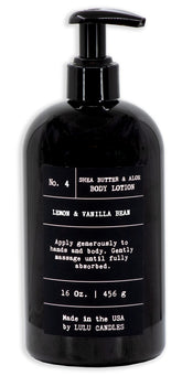 Lulu Candles Lemon & Vanilla Bean lotion bottle delivering hydration for dry skin