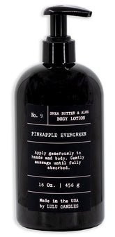 Lulu Candles Pineapple Evergreen lotion bottle delivering long-lasting hydration without greasiness.