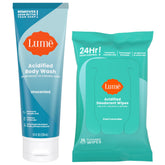 Lume acidified body wash bottle closeup highlighting unscented formula and pH optimization.