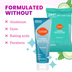 Lume acidified body wash unscented label on bottle indicating fragrance-free option.