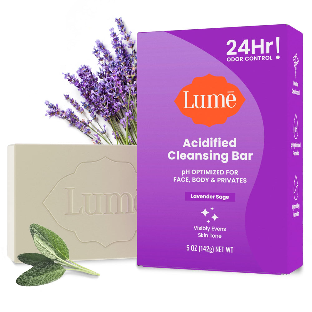 Lume Acidified Cleansing Bar packaging highlights 5 oz bar and odor-control features