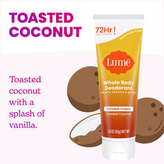 Lume product label shows aluminum-free and baking soda-free benefits.