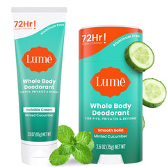 Lume mint cucumber cream tube closeup for long-lasting odor control.