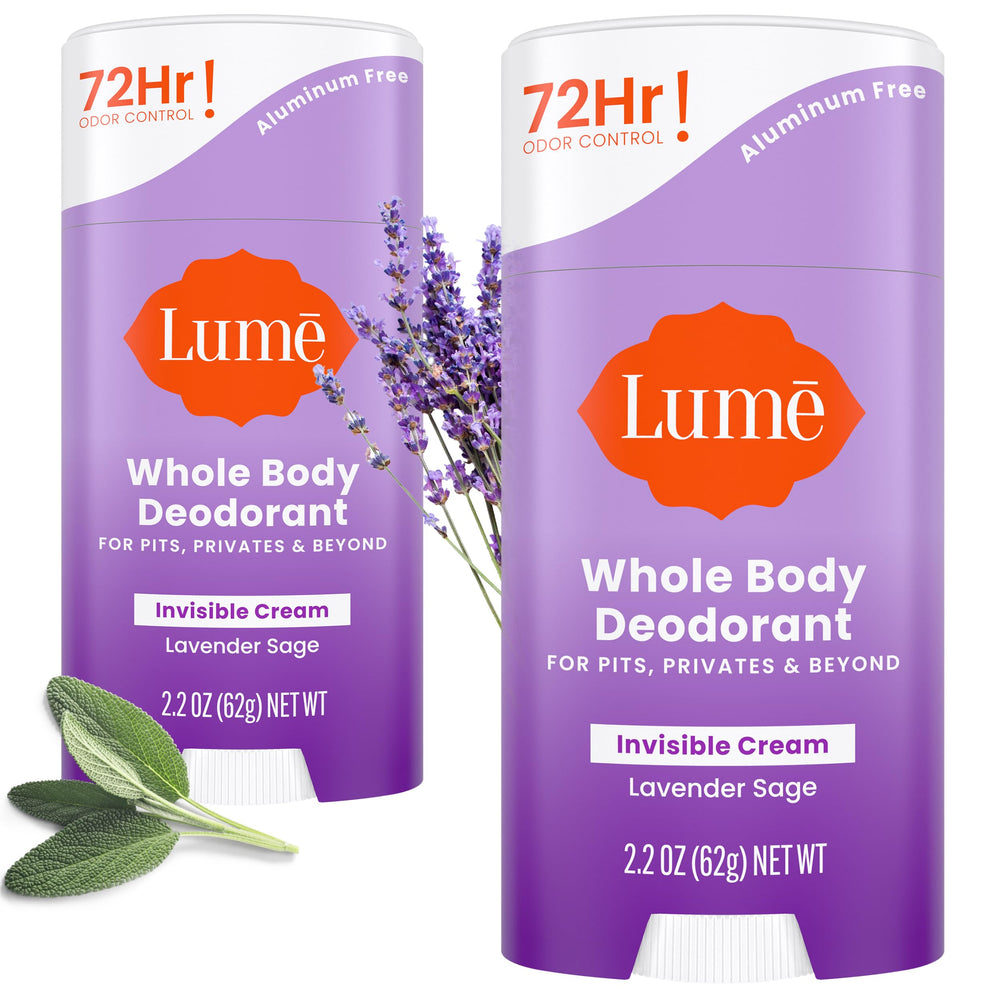 Lume Lavender Sage deodorant cream stick, front view showing aluminum-free protection for sensitive skin.