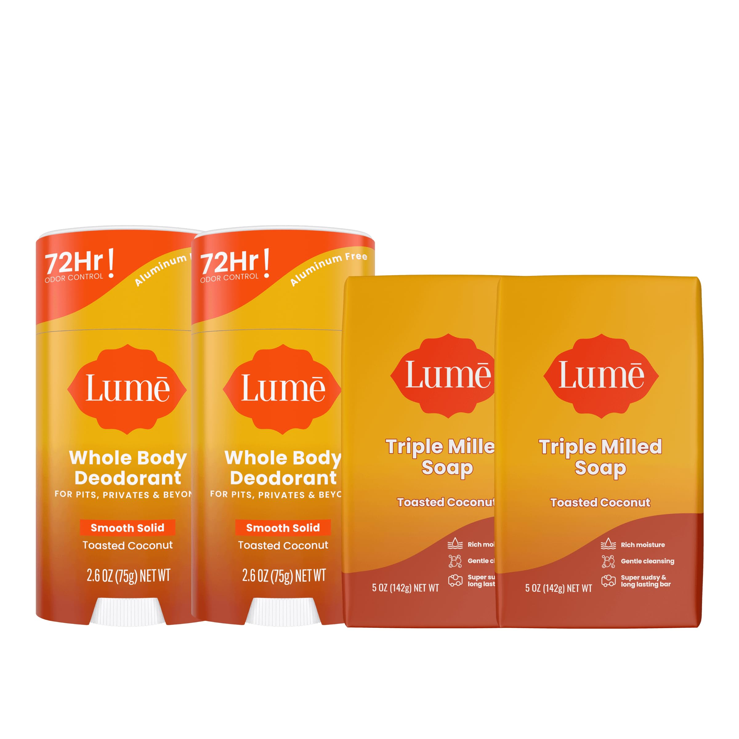 Lume deodorant smooth solid stick in toasted coconut aroma for all-over odor control.