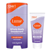 Lume mini cream tube close-up showing all-day odor control in sensitive areas.