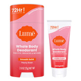 Lume Peony Rose invisible cream tube mini in use for all-over odor control.