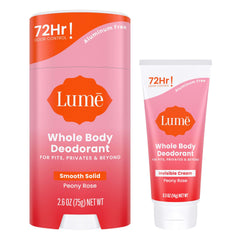 Lume Peony Rose invisible cream tube mini in use for all-over odor control.