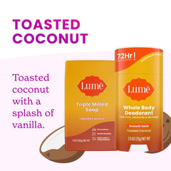Lume soap triple milled toasted coconut bar for cleansing.