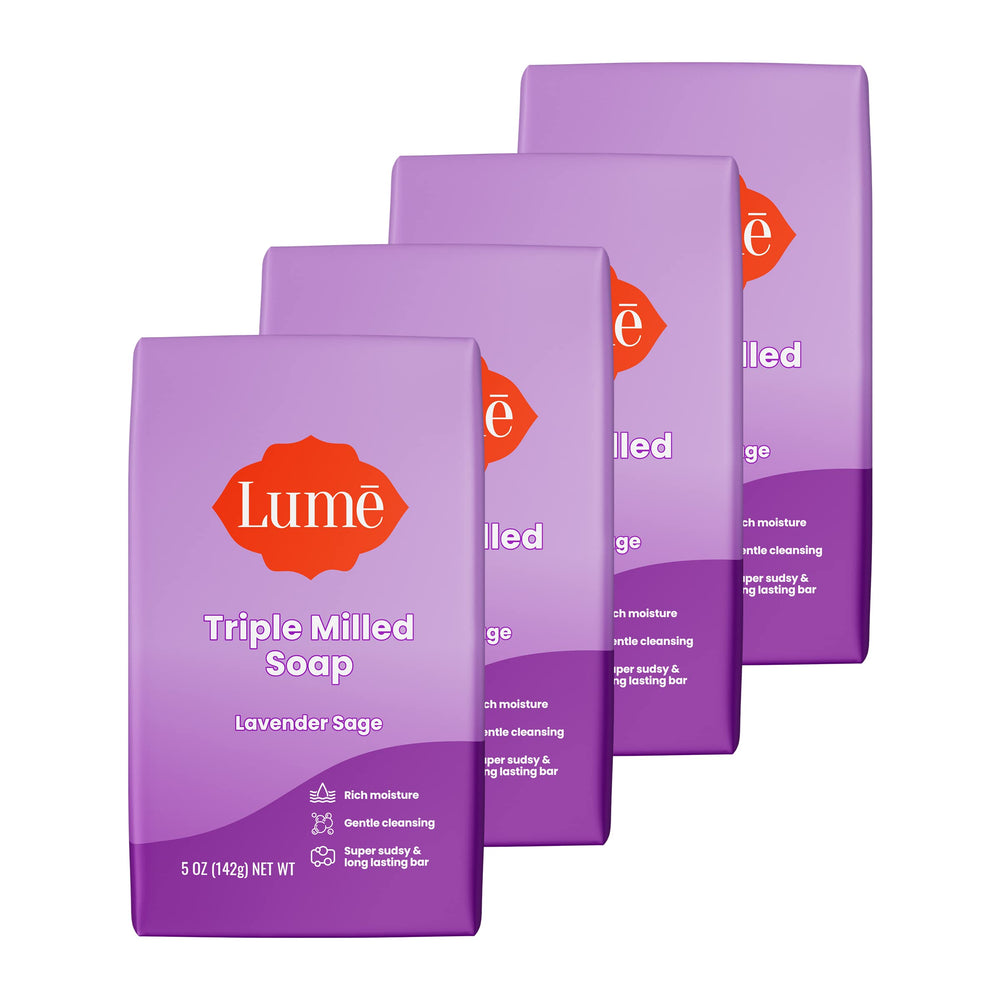 Lume triple milled bar soap showing rich moisture for soft, hydrated skin.