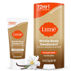 Lume Vanilla Bliss invisible cream mini bottle for all-day odor control.