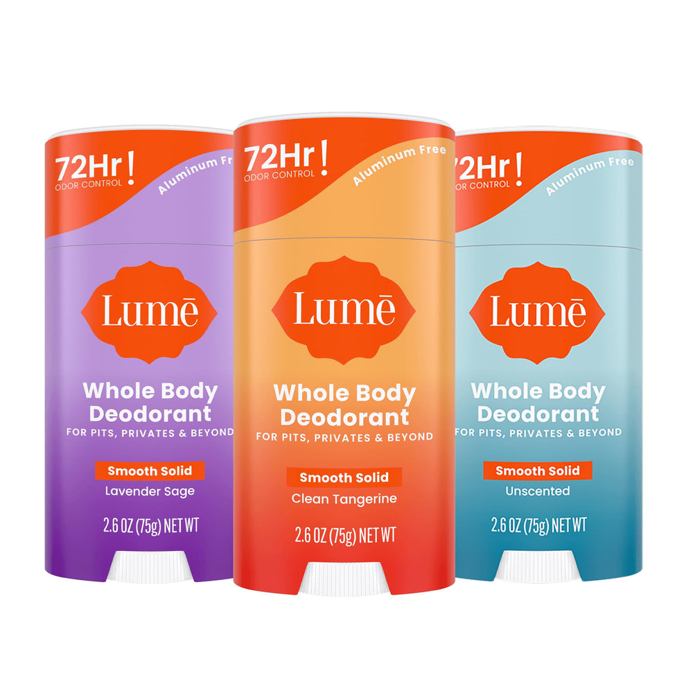 Lume Whole Body Deodorant 3-pack front packaging showcases versatile odor control for all-day freshness.
