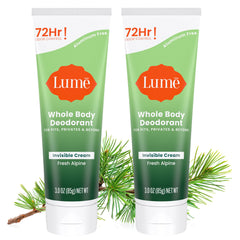 Lume Whole Body Deodorant Invisible Cream Tube Fresh Alpine shows invisible finish and all‑day odor protection.