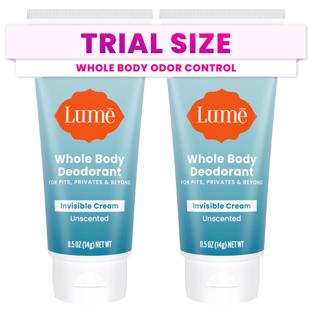Lume Whole Body Deodorant mini-tube unscented application, for all-day odor control.