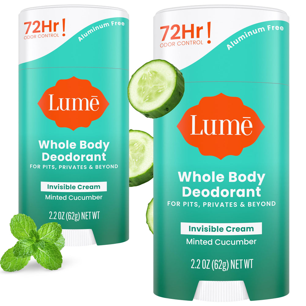 Lume whole body deodorant packaging and invisible cream stick for all day odor control.