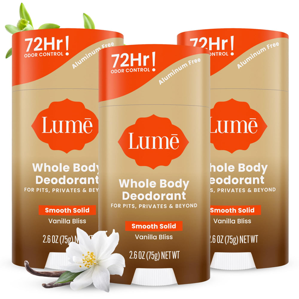 Lume Vanilla Bliss Whole Body Deodorant smooth solid stick for all-day odor control.