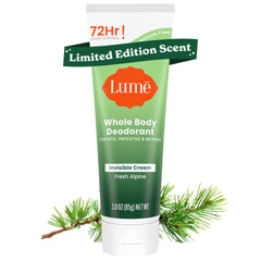 Lume Whole Body Deodorant tube front view shows branding and odor control concept.