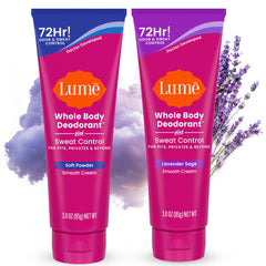 Lume whole body deodorant tube in soft powder Lavender Sage ready for multi-area use.