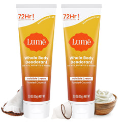 Lume Whole Body Deodorant bottle with toasted coconut for all-day odor control.