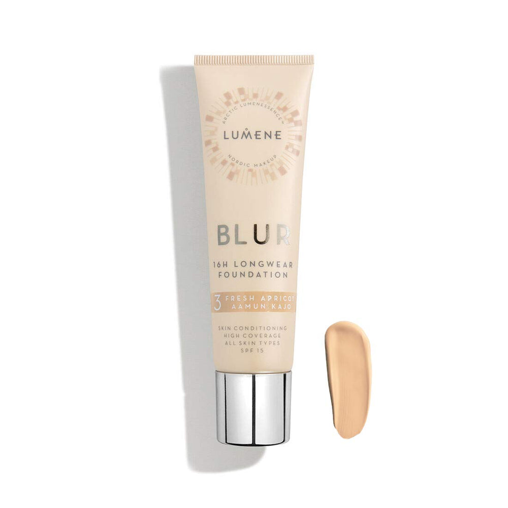 Lumene Longwear Blur Foundation bottle showing a long-wearing semi-matte finish with SPF 15.