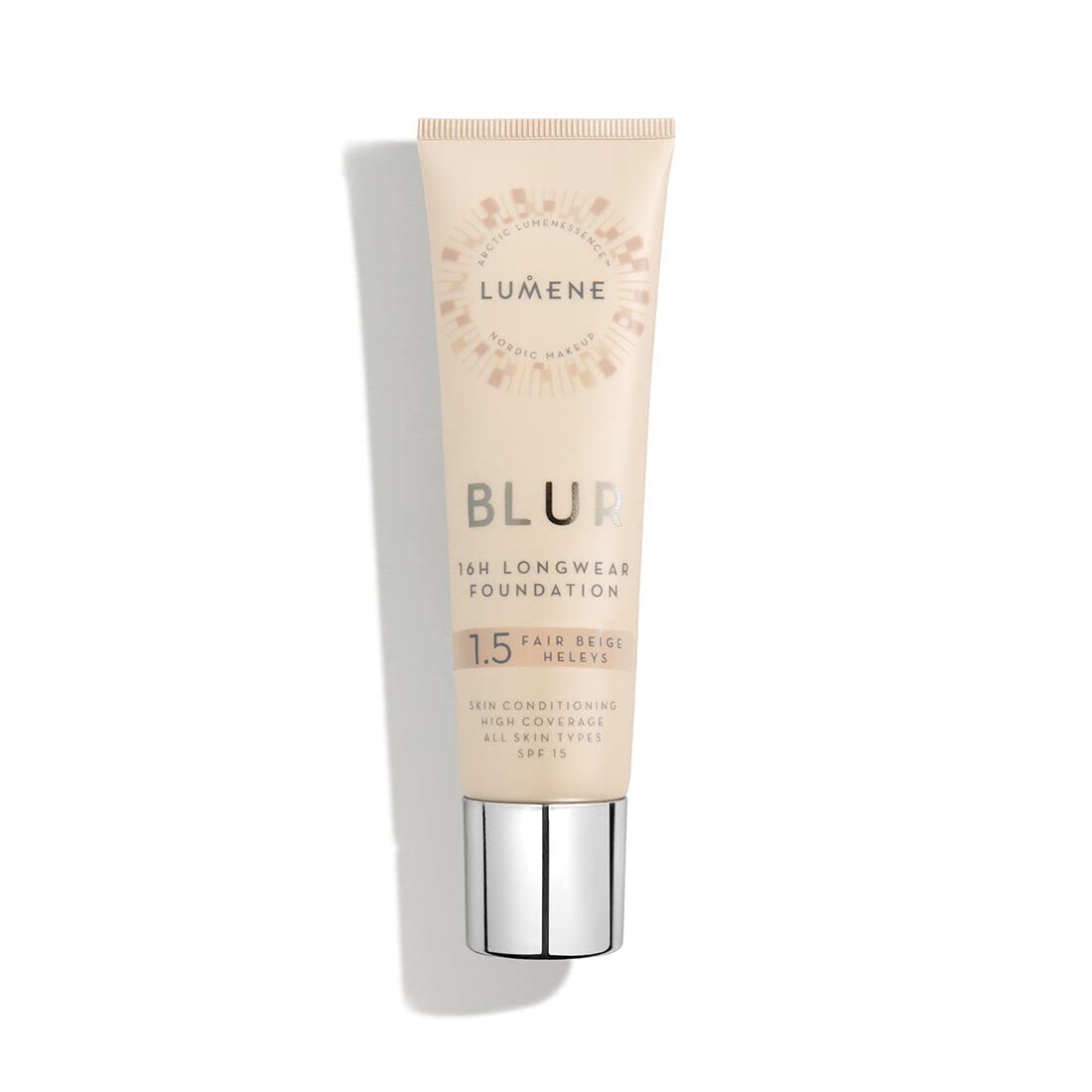 Lumene Longwear Blur Foundation SPF 15 bottle with pump showing easy application and long wear