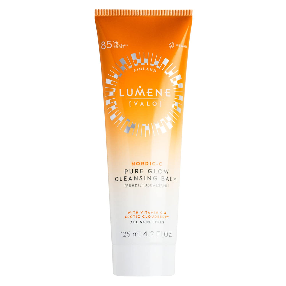 Lumene Nordic C Pure Glow cleansing balm jar close-up, gentle makeup removal for radiant skin.