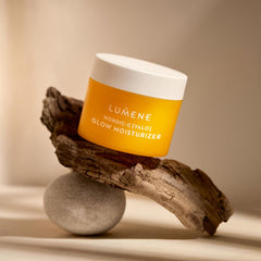 Lumene Nordic-C Valo Glow Moisturizer texture closeup on hand emphasizing hydration.