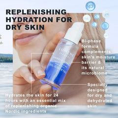 Lumene Nordic Hydra Arctic spring water droplets evoke pure hydration.