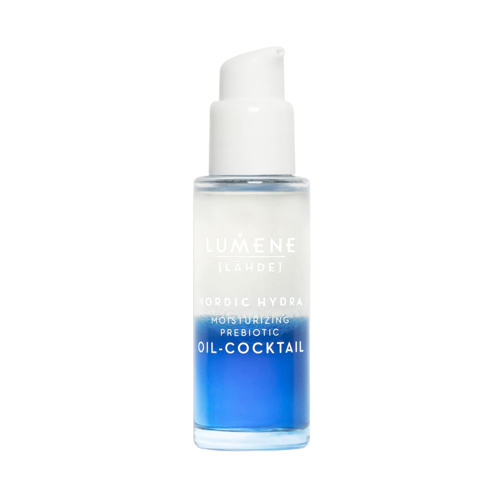 Lumene Nordic Hydra prebiotic oil-cocktail bottle with dual-phase formula for dry skin.