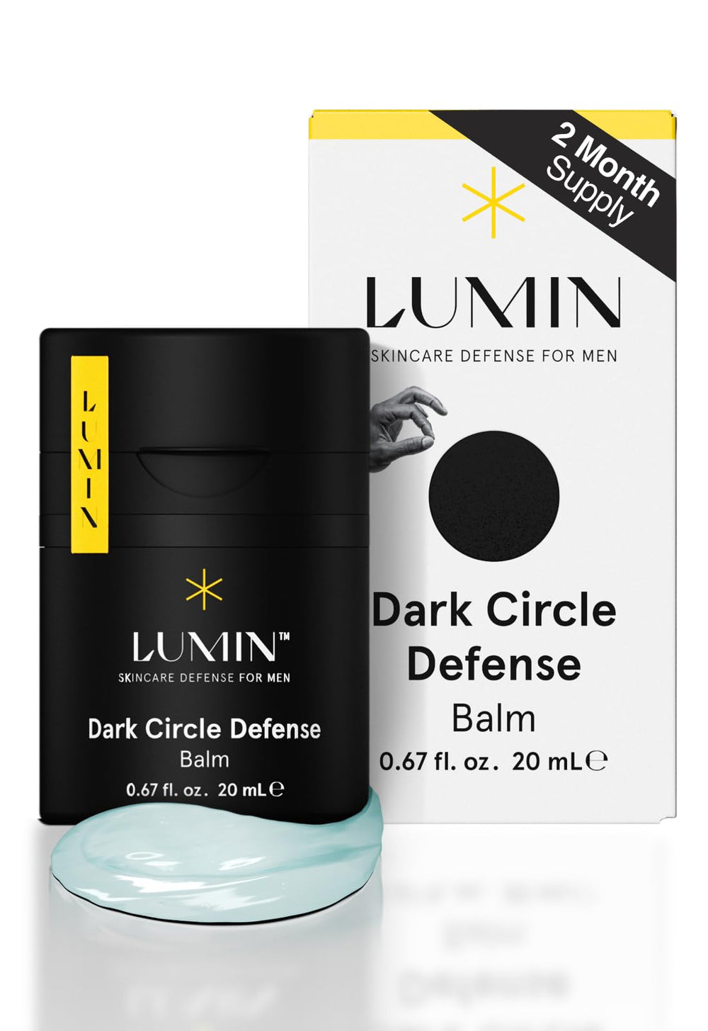 Lumin Men’s Dark Circle Defense Balm tub closeup showing creamy texture for under-eye care