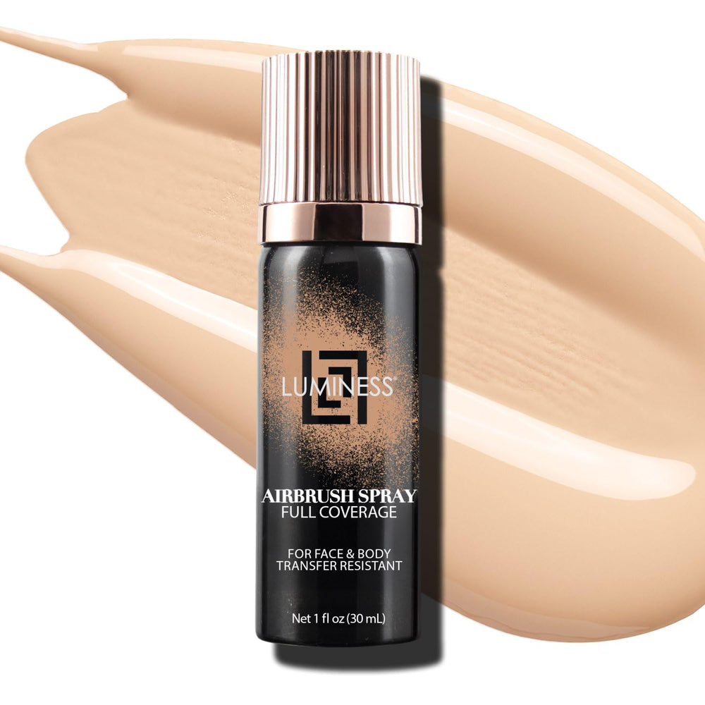 LUMINESS Airbrush foundation bottle close-up highlighting waterproof full-coverage finish.