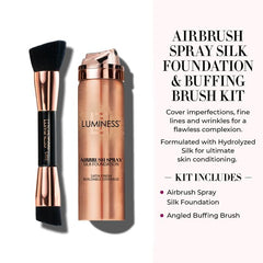LUMINESS Kit layout image displaying the Silk Foundation and Brush.