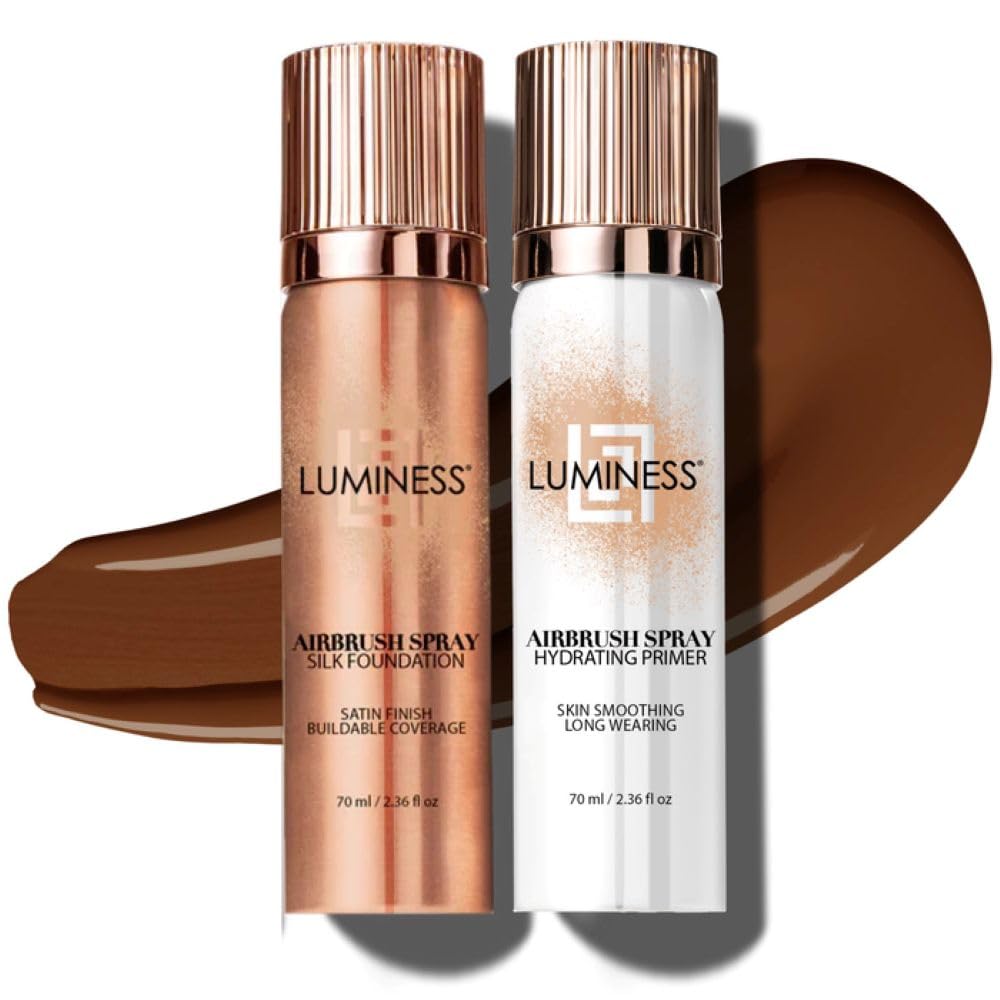 LUMINESS Silk Airbrush Foundation Deep Dark in soft mist for even coverage.