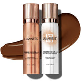 LUMINESS Silk Airbrush Foundation Deep Dark in soft mist for even coverage.