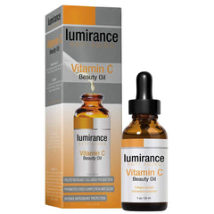 Lumirance Vitamin C Beauty Oil bottle on a clean vanity for radiant, even skin.
