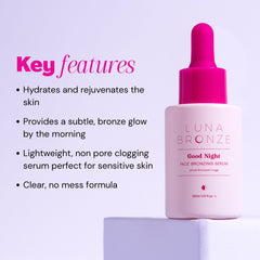 Luna Bronze Good Night Face Tanning Drops applied across forehead and jaw for balanced glow