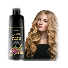 Lunory blonde brown hair dye shampoo bottle applying for even gray coverage at home.