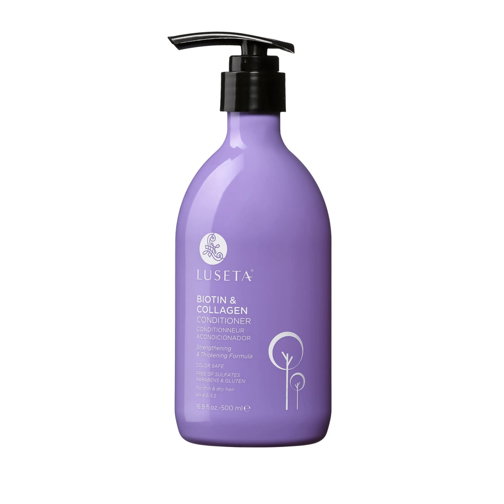 Luseta Biotin & Collagen conditioner bottle with pump for thicker hair.