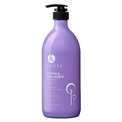 Luseta Biotin & Collagen Shampoo bottle on a bathroom shelf promotes fuller-looking hair